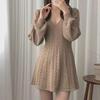Korean Style Autumn/Winter 2024 Lantern Sleeve V-Neck Cinched Waist Knit Dress and Sweater Skirt