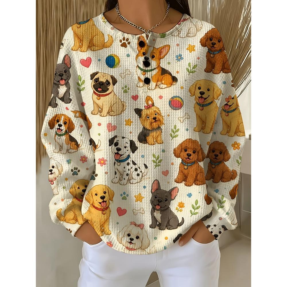 Waffle- Crewneck Sweatshirt with Cute Dog Breed Prints, a Full-print Design, and a Hood, Suitable for Casual Attire and Casual Swear