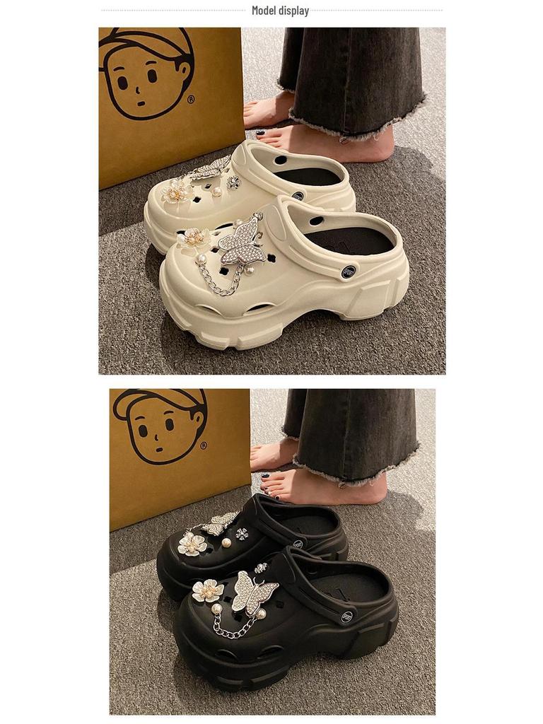 Women's Summer Platform Sandals: Closed-Toe Slippers with Thick Soles, Pearl Rhinestones, Chain Accents.