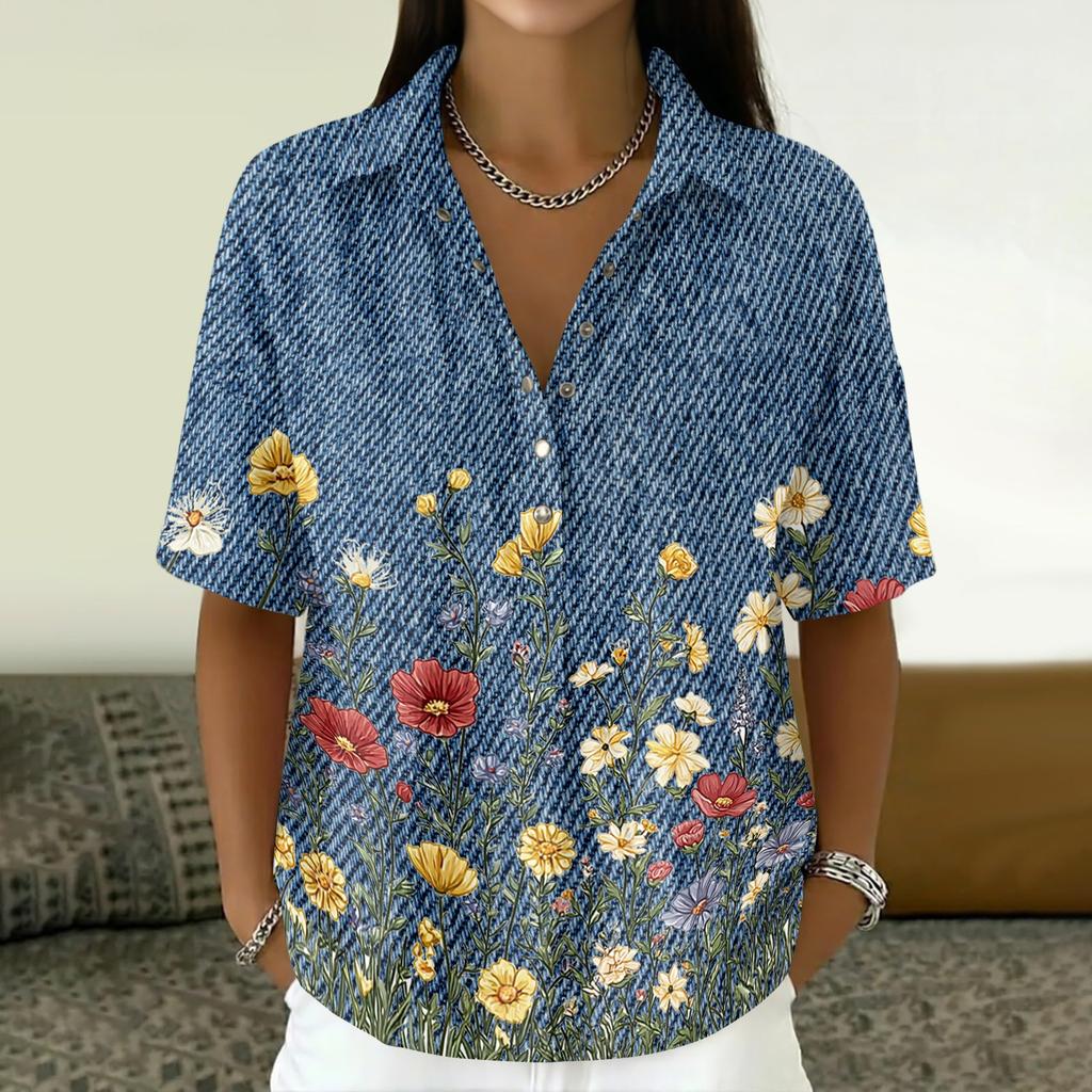 Women's Vintage Floral Print Short Sleeve T Shirt Loose Fit Button Down Polo Collar Linen Blend Casual Top