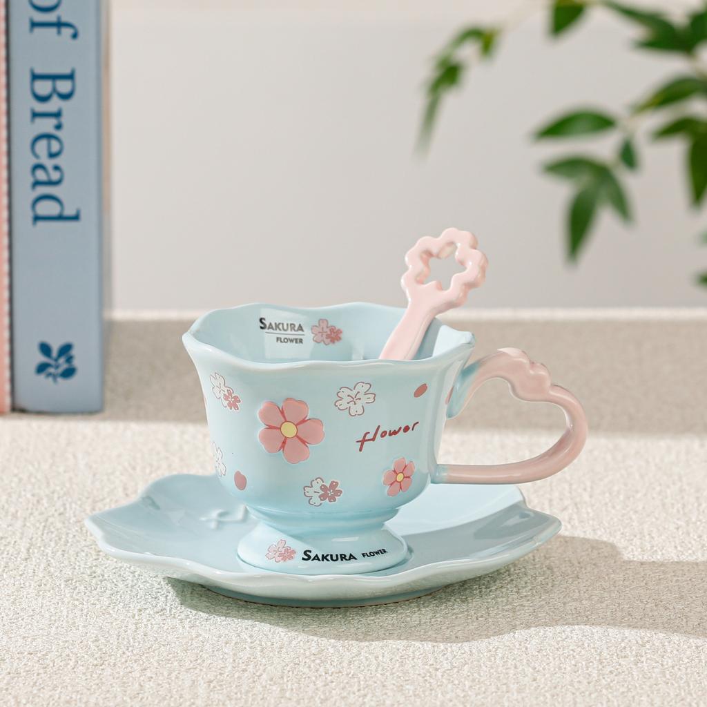 Kirschblüte hochwertiger Kaffeetasse Mädchen Trinkbecher mit Untertasse niedlicher Wasserbecher Haushaltsset kleines Geschenk Tasse