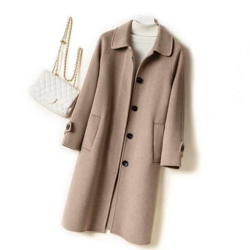 Dámský kabát ze 100% vlny MODERNÍ NOVINKA SAGA Podzimní vlněný dlouhý kabát Ručně vyrobený hráškový kabát Zimní teplá vlněná dlouhá bunda