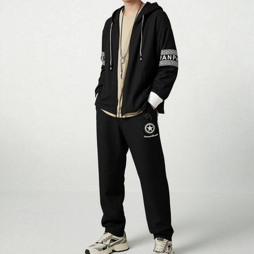 Hoodie and Tracksuit Autumn Sportswear Black L [FJLTDCP] Men's Set, Wear, Two-Piece Set, - -