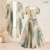 Women Plus Size Two Piece Set Long Sleeve Open Cardigan Square Neck Short Sleeve Tie Waist Printed Flared Dress
