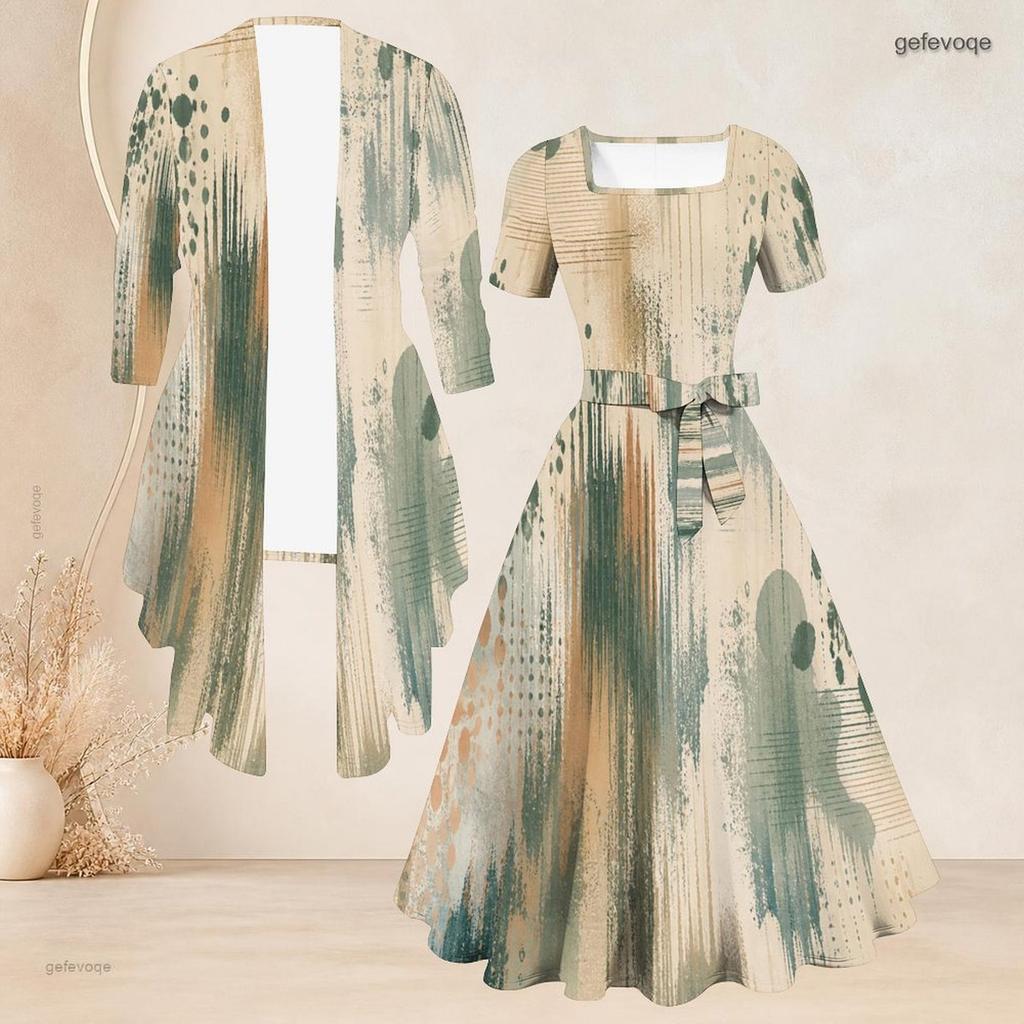 Women Plus Size Two Piece Set Long Sleeve Open Cardigan Square Neck Short Sleeve Tie Waist Printed Flared Dress