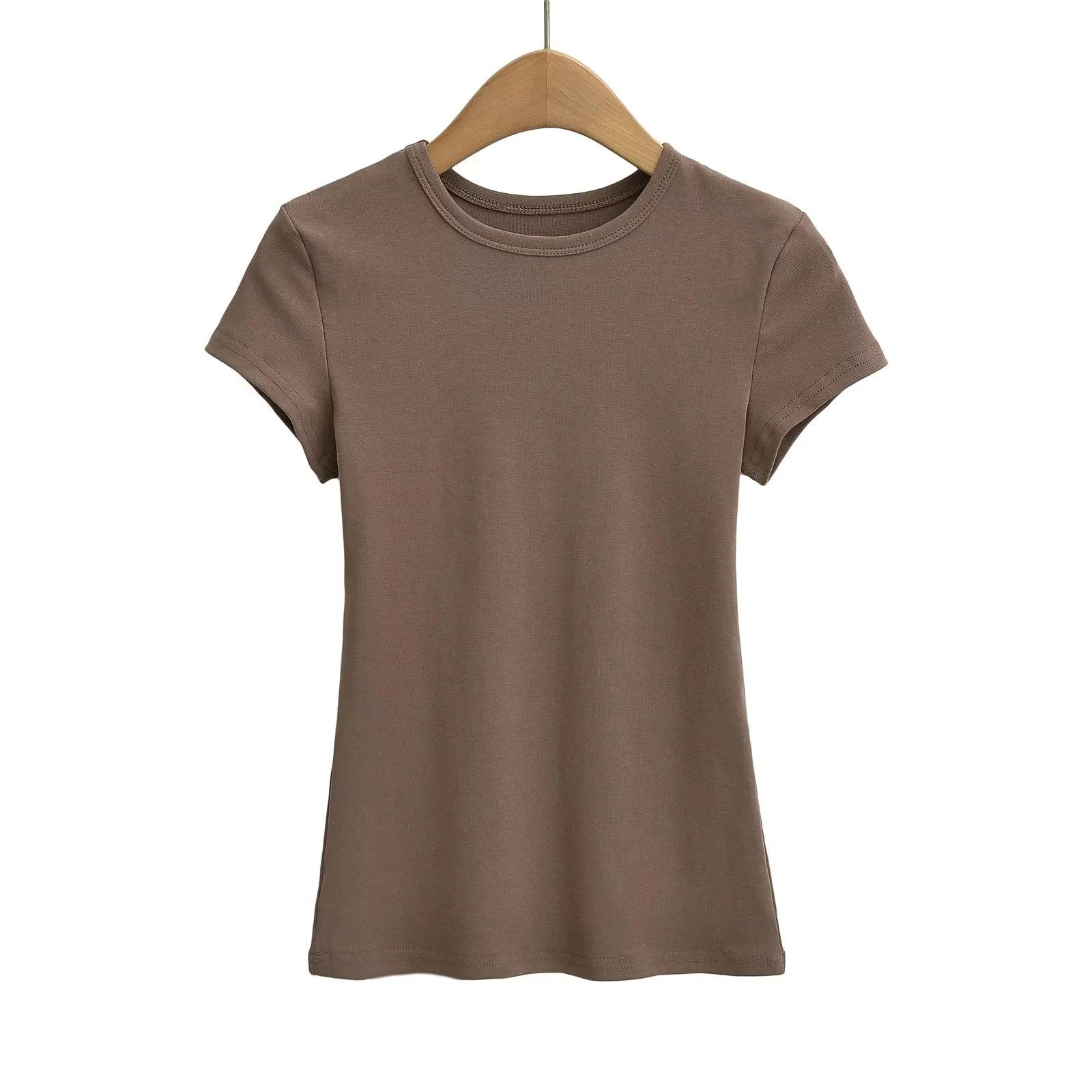 

Женская футболка с круглым вырезом в европейском и американском стиле Spicy Girl Spring New Item, эластичный однотонный топ с короткими рукавами L коричневый