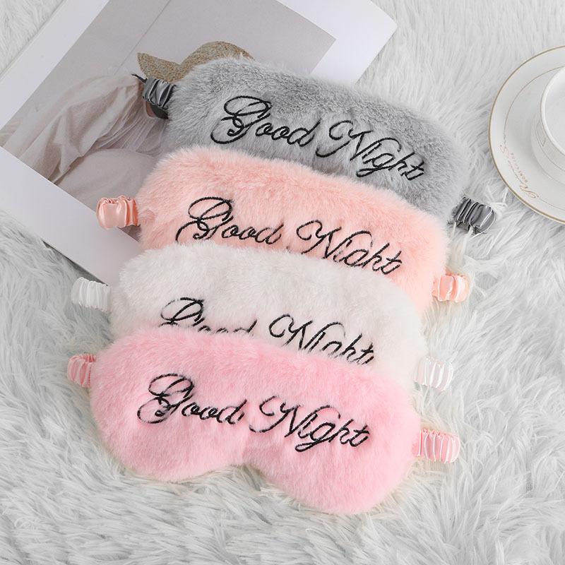 1Pc Eye Mask Plush Good Night Embroidery Letter Sleep Eye Mask Shading Simulation Silk Rabbit Hair Eye Mask Simple and Comfortable