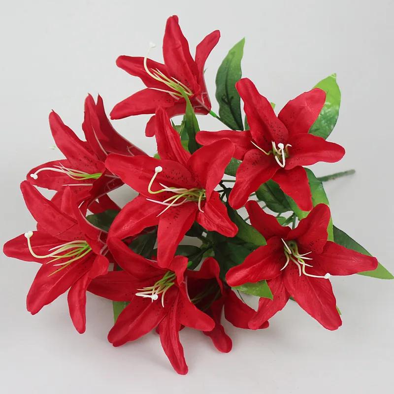1PC 10 Heads Artificial Lily Flowers European Multicolor Fake Bridal Flower Bouquet Wedding Home Party Decoration Flowers