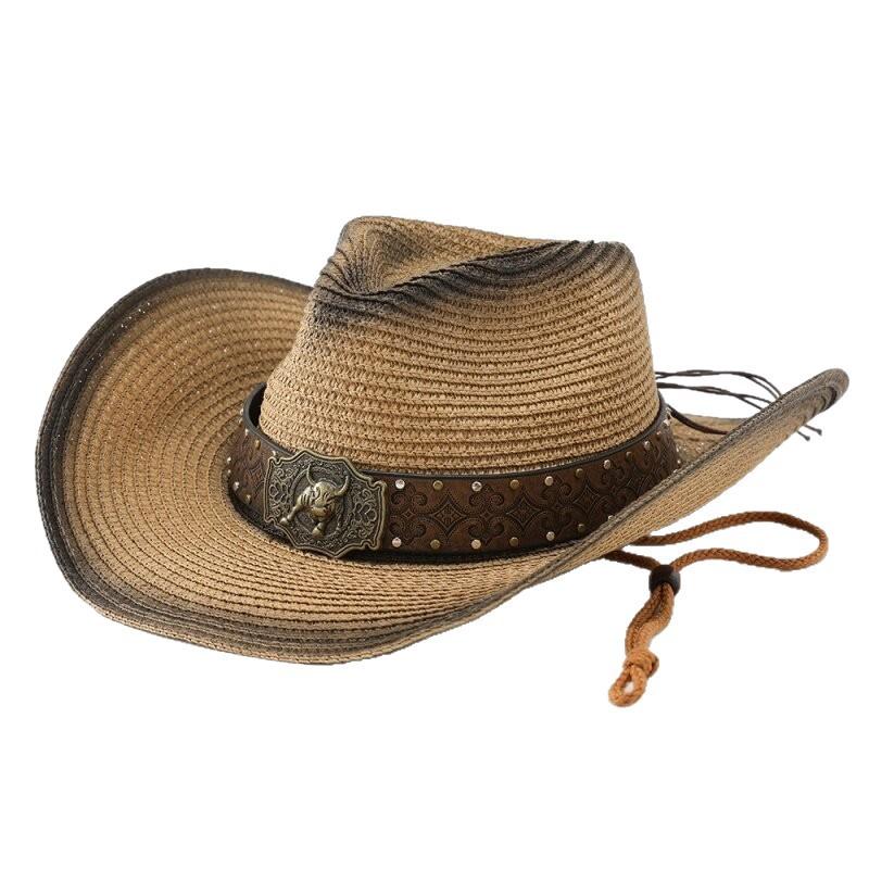 European and American straw hat sunshade upturned brim hat children's outdoor fashion western cowboy hat men's casual retro sunscreen hat
