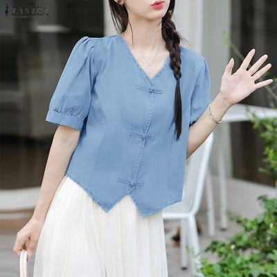 Lässige Bluse mit V-Ausschnitt und einfarbigen Kurzarm für den Sommer für Damen