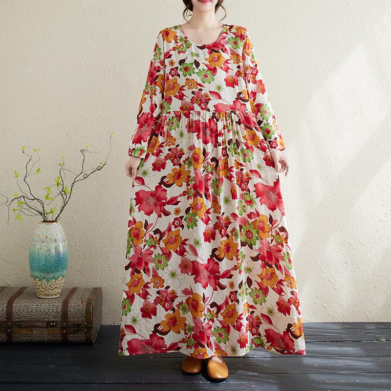 DIMANAF 2024 Rochie de primăvară mărime Plus pentru femei, rochie boemă ocazională cu imprimeu floral, rochie lejeră pentru plajă, decolteu O, verde, femeie