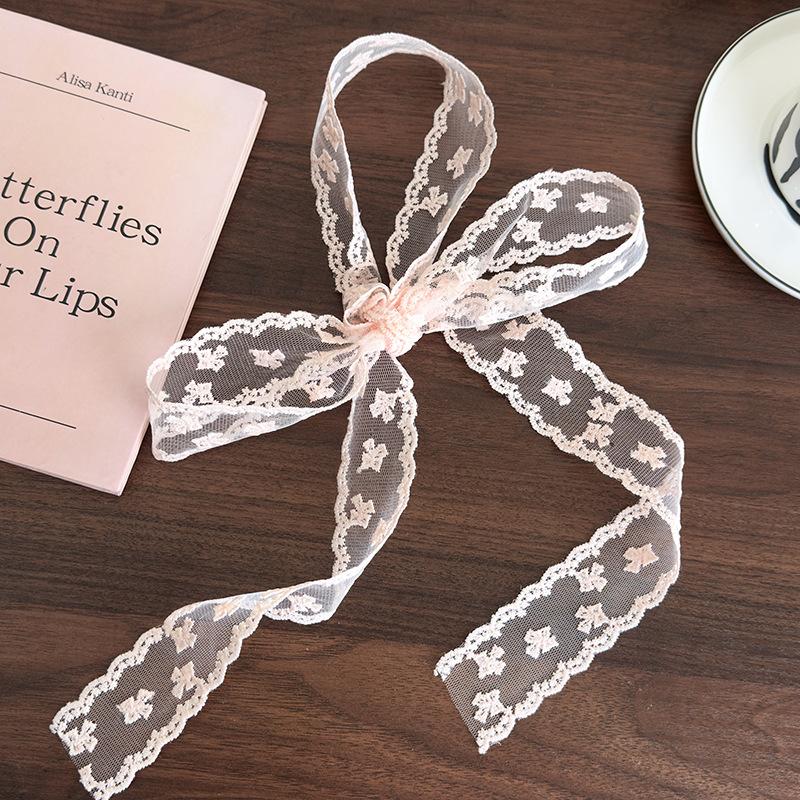 Pink Lace Flowers Long Strip Silk Scarf Headbands Bow Hair Rope Womans Girls Sweet Tie Hair Turban Ribbon Lady Headdress Fashion