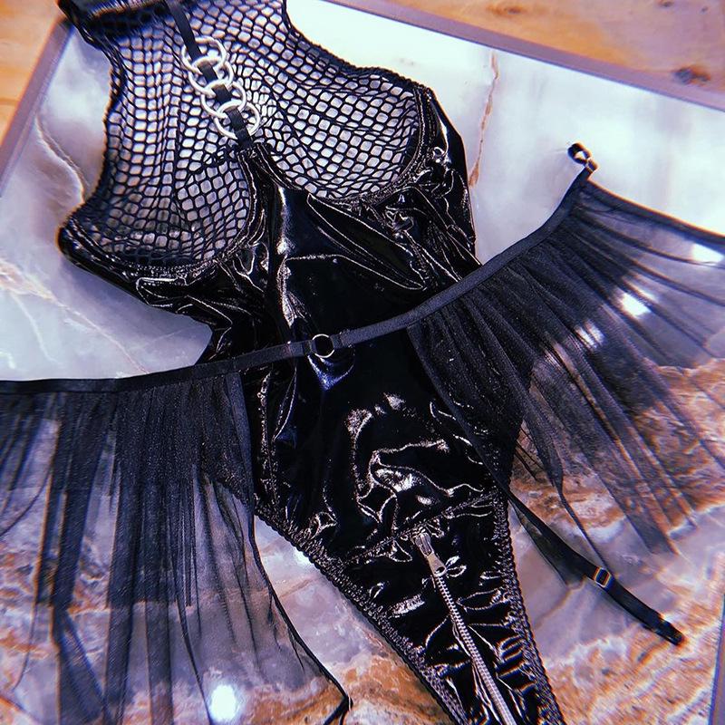 European & American Patent Leather Mesh Hollow-Out Sexy Lingerie Bodysuit Set