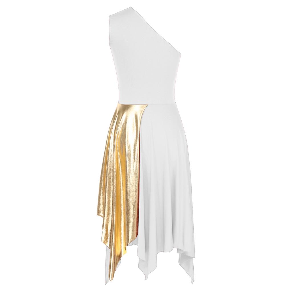 Womens Metallic Worship Praise Dance Dress Color Block One Shoulder Irregular Hem Sleeveless Dresses Performance Costume