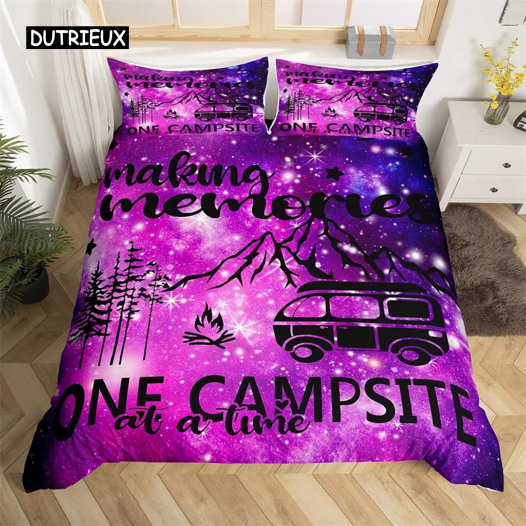 Camping Duvet Cover Microfiber Galaxy Stars Moon Happy Camping Comforter Cover Camper Truck Geometry Mountain Trees Bedding Set