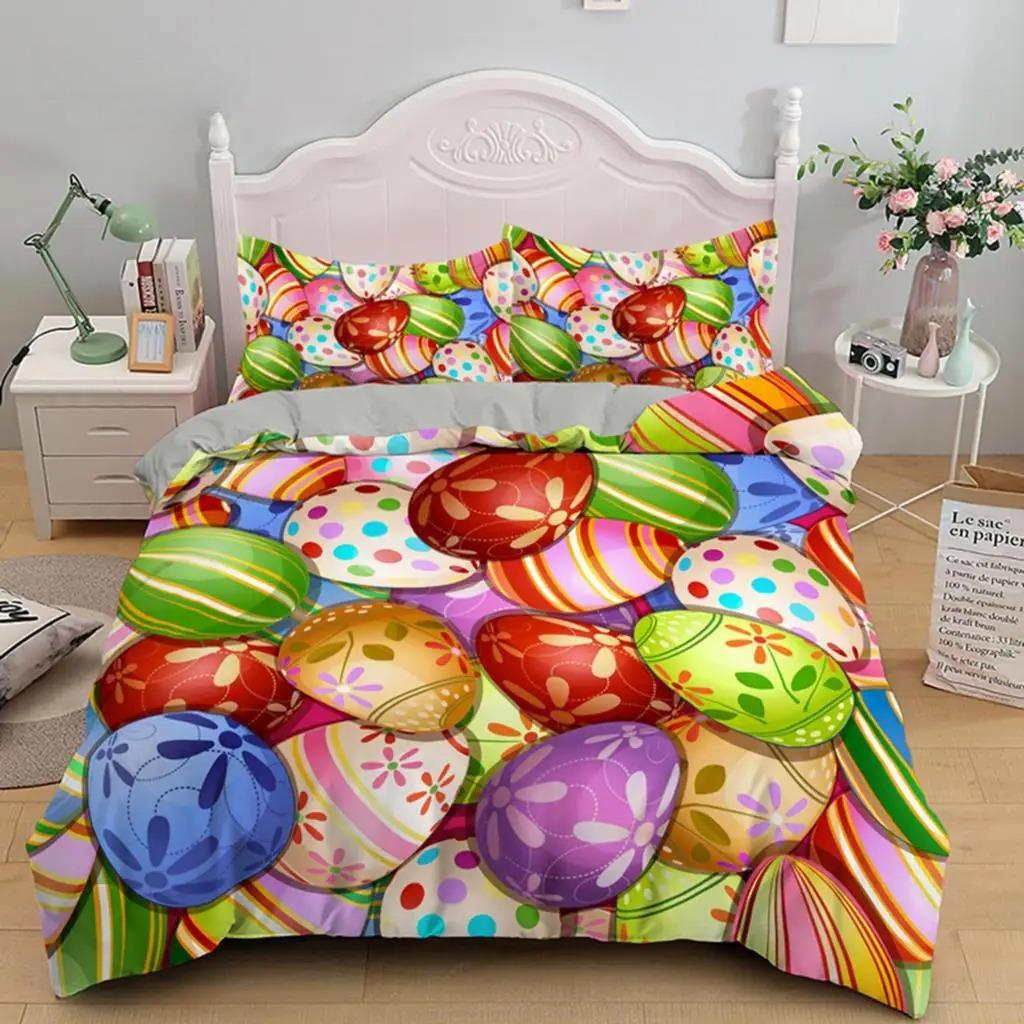 Soft Easter Eggs Print Duvet Cover Happy Easter Cartoon Rabbit Toddler Bedding Sets Twin King Queen Size Microfiber Quilt Cover