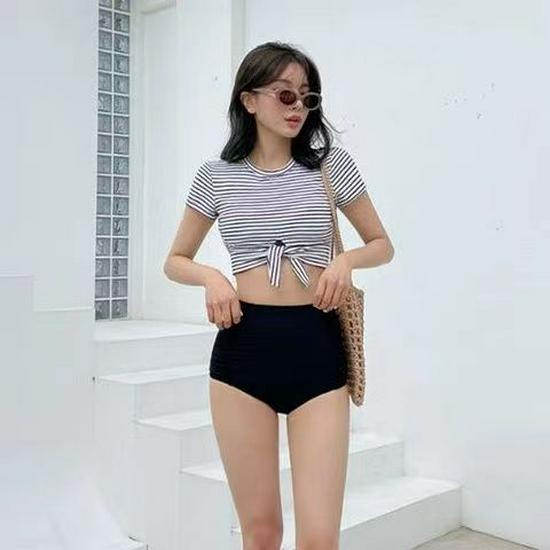 2024 Korean Style Striped High-Waisted Tummy-Covering Short Sleeve Swimsuit M