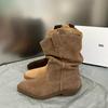 Lazy Stylish Leather Western Cowboy Boots Women's Pointed Medium Boots Pleated Pile Boots Thick Heel Martin Boots