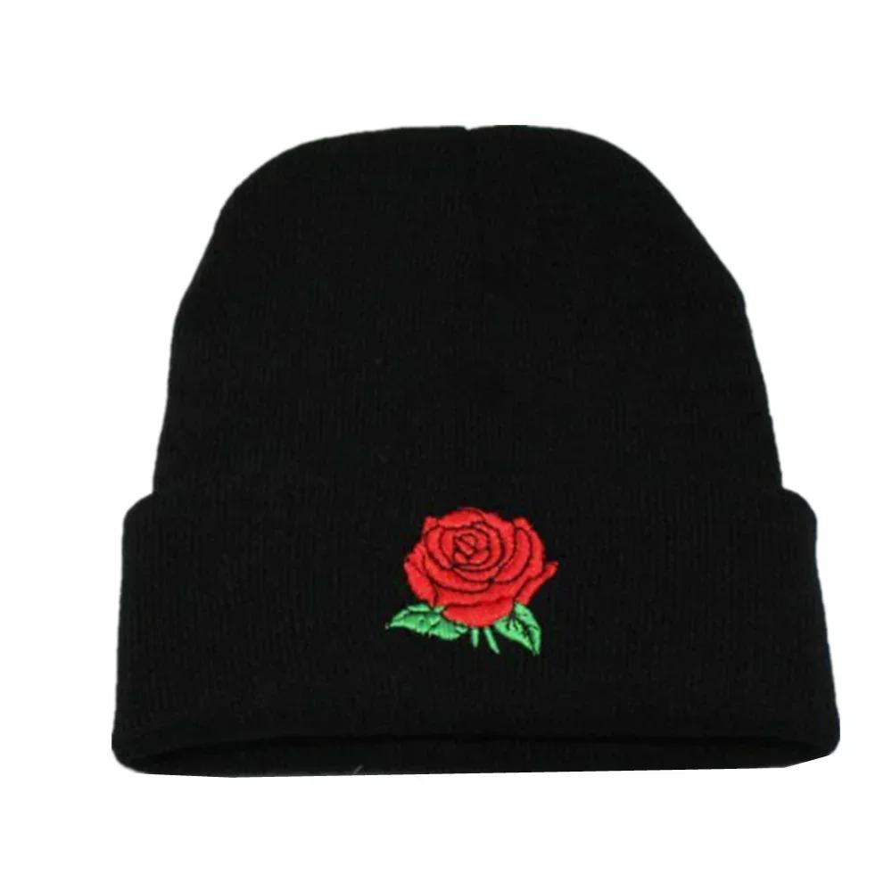 Winter Warm Wollstrick Mützen Beanie Für Damen Stickerei Rose Thermostrickmütze Kaltwetter Kopfbedeckung black