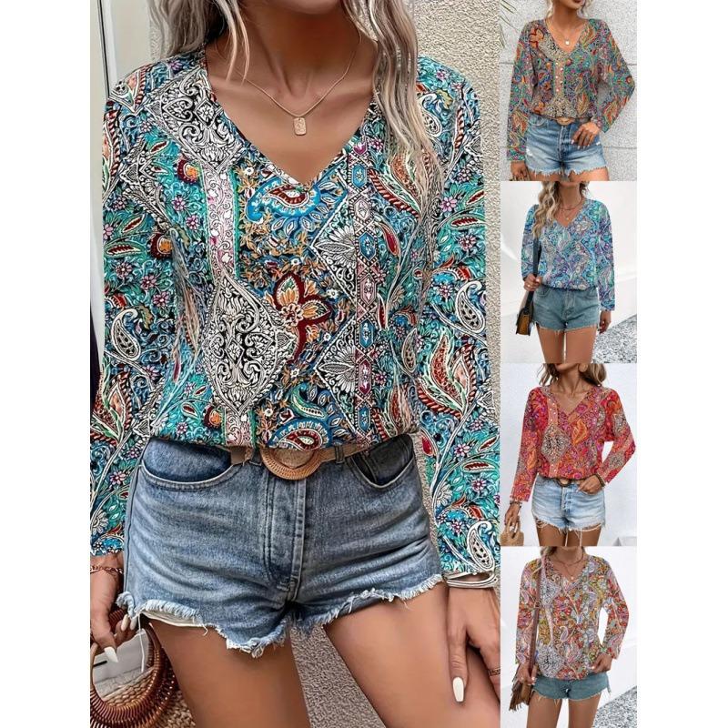 Women V Neck Boho Paisley Print Long Sleeve Blouse Multi Color Ethnic Loose Fit Summer Vacation Casual Top