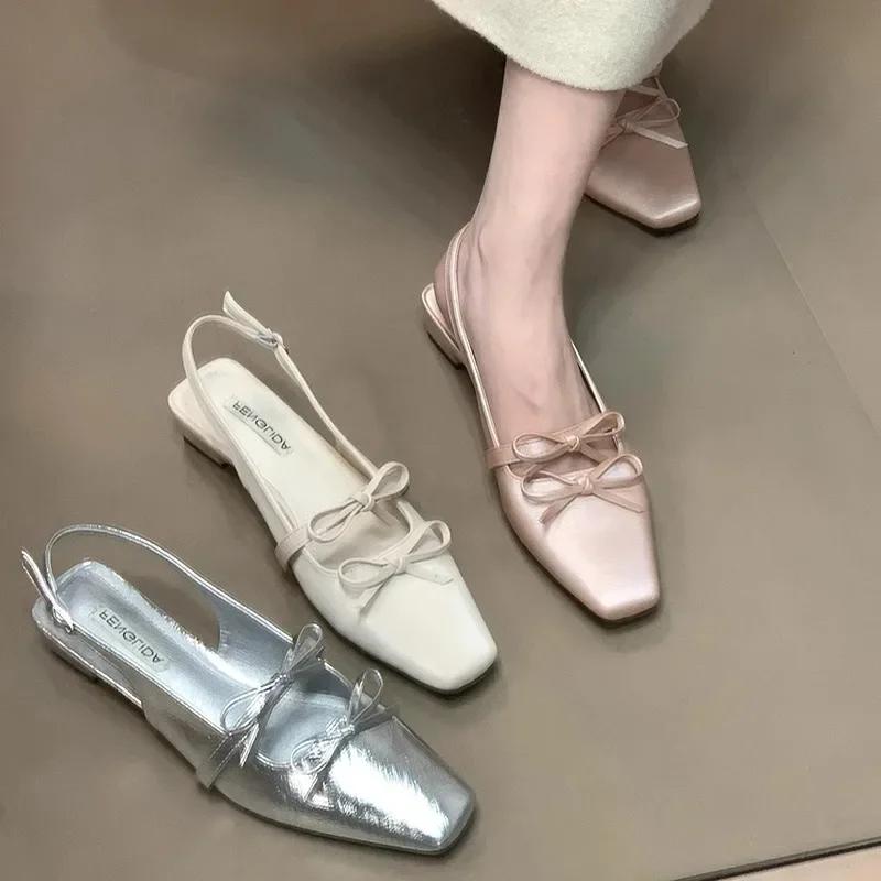 Fashion French Style Satin Surface Block Heel Sandals Butterfly Knot Pointed Toe Single Shoes Spring Summer Fairy Tale Feeling Slippers