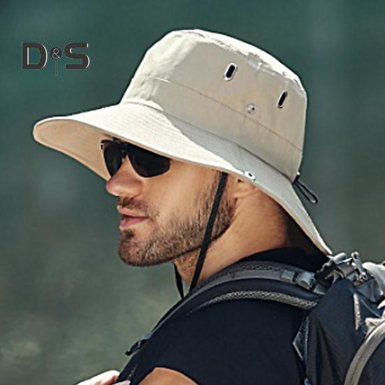 Men Summer Sun Hat Windproof Strap Wide Brim Anti-UV Sun Protection Foldable Portable Gardening Fishing Travel Cap Outdoor Fisherman Hat
