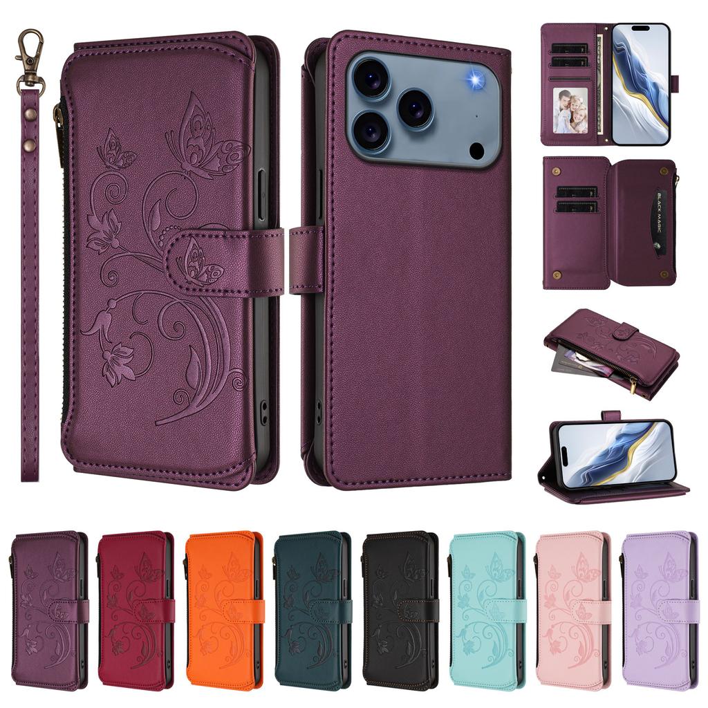 Dla iPhone 17 Pro Max Skórzane Etui Motyl Kwiatowy Wzór Portfel na Zamek Pokrowiec z Podstawką z Paskiem na Nadgarstek