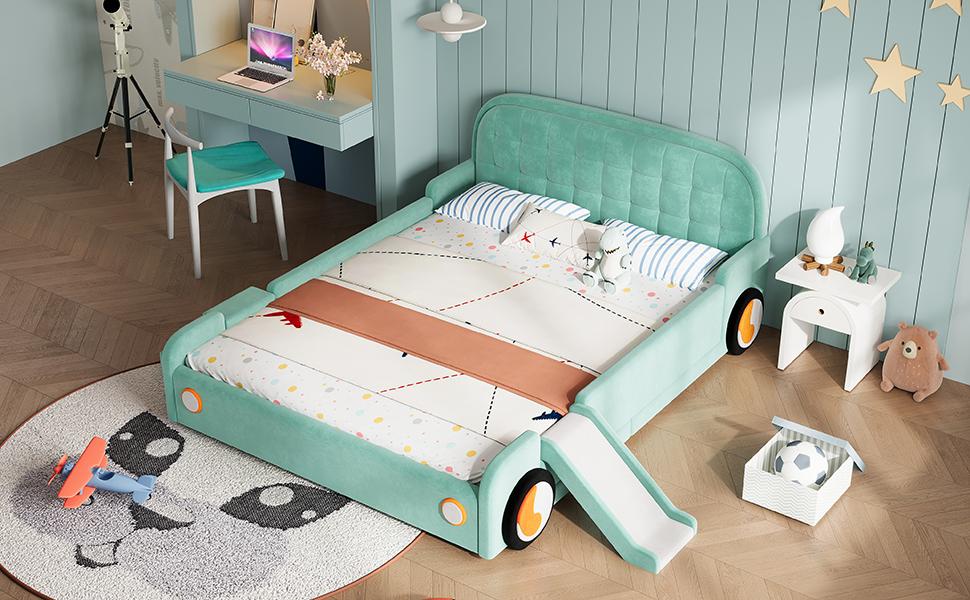Letto, Letto a Forma di Macchina con Scivolo e Scala, Montabile Sinistra/Destra, Letto Imbottito in Turchese, Letto Gioco con Protezione anticaduta per Cameretta dei Bambini, 140x200 cm