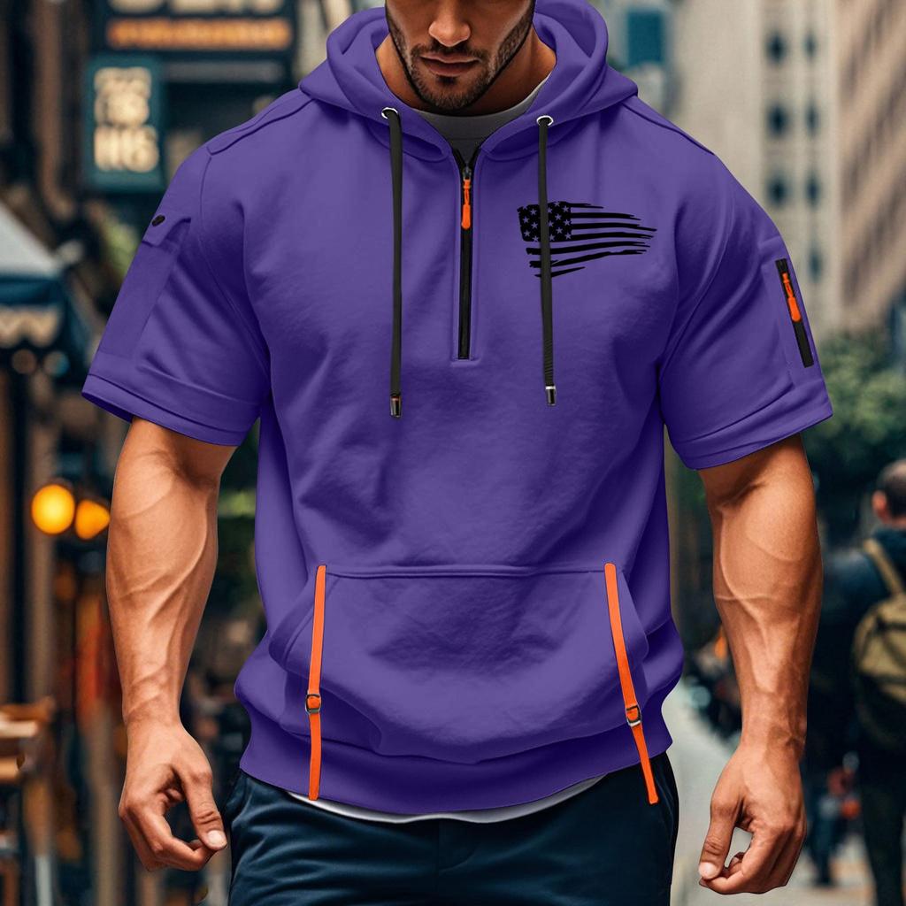 Men's Summer Shirt Print Zipper Pocket Short Sleeve Hooded Sweatshirt Men's Sports Large Size Casual Sweatshirt