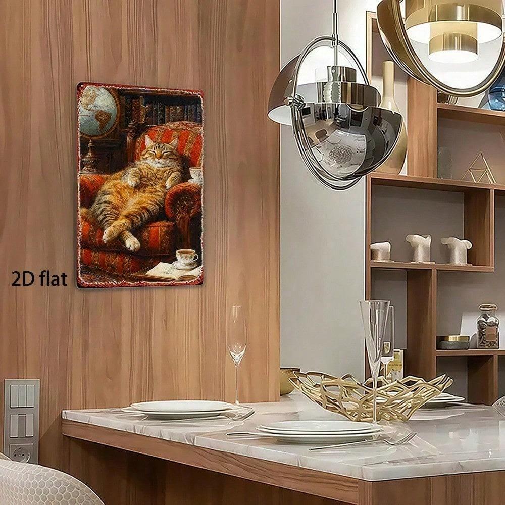 Vintage Cat in Armchair Metal Wall Art, 8x12in Rustic Iron Hanging Decor