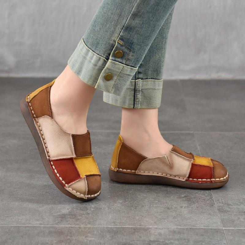Johnature Retro Genuine Leather Mixed Colors Soft Soled Slip-on Shoes Versatile Round Toe Flat Shoes