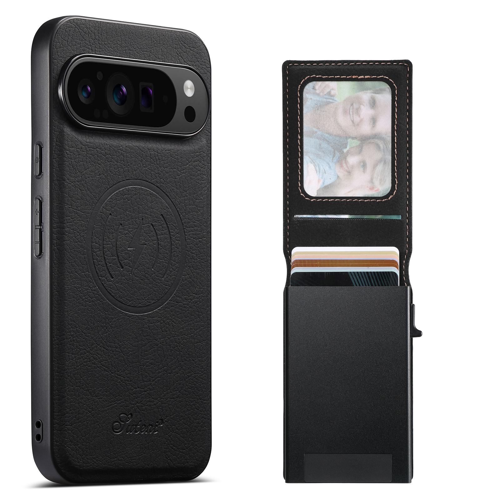 

SUTENI H19 For Google Pixel 10/10 Pro Magnetic Case Card Holder Kickstand Litchi Texture Leather Back Cover Black