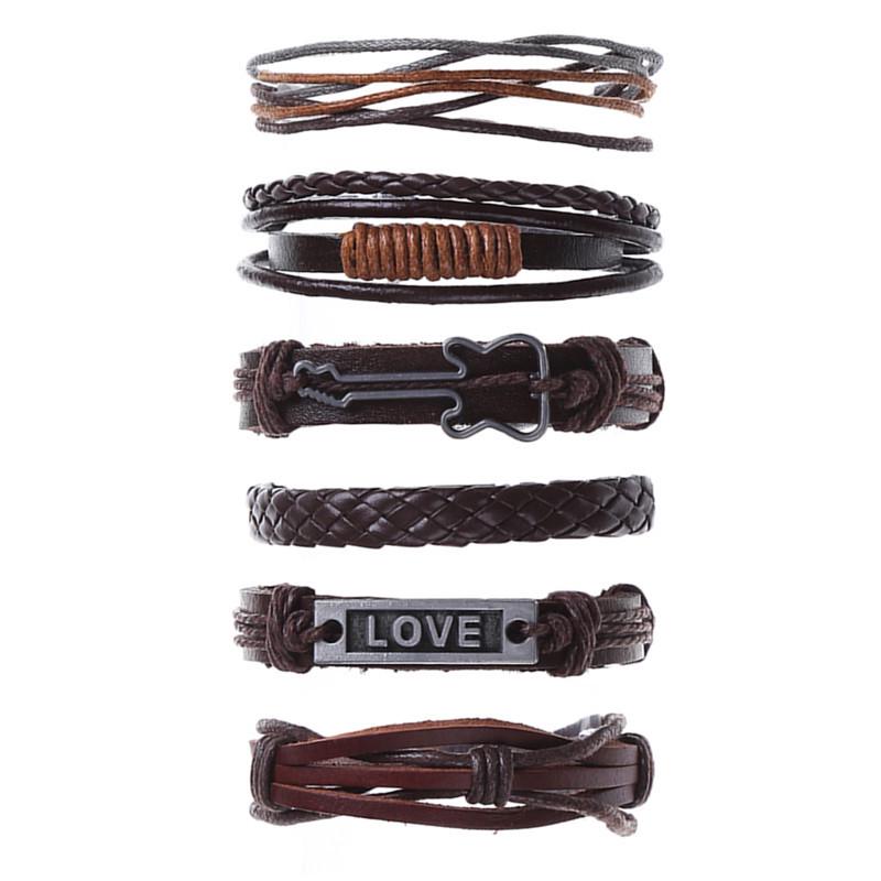 Punk 6-Piece Genuine Leather Multi-Layer Bracelet Set