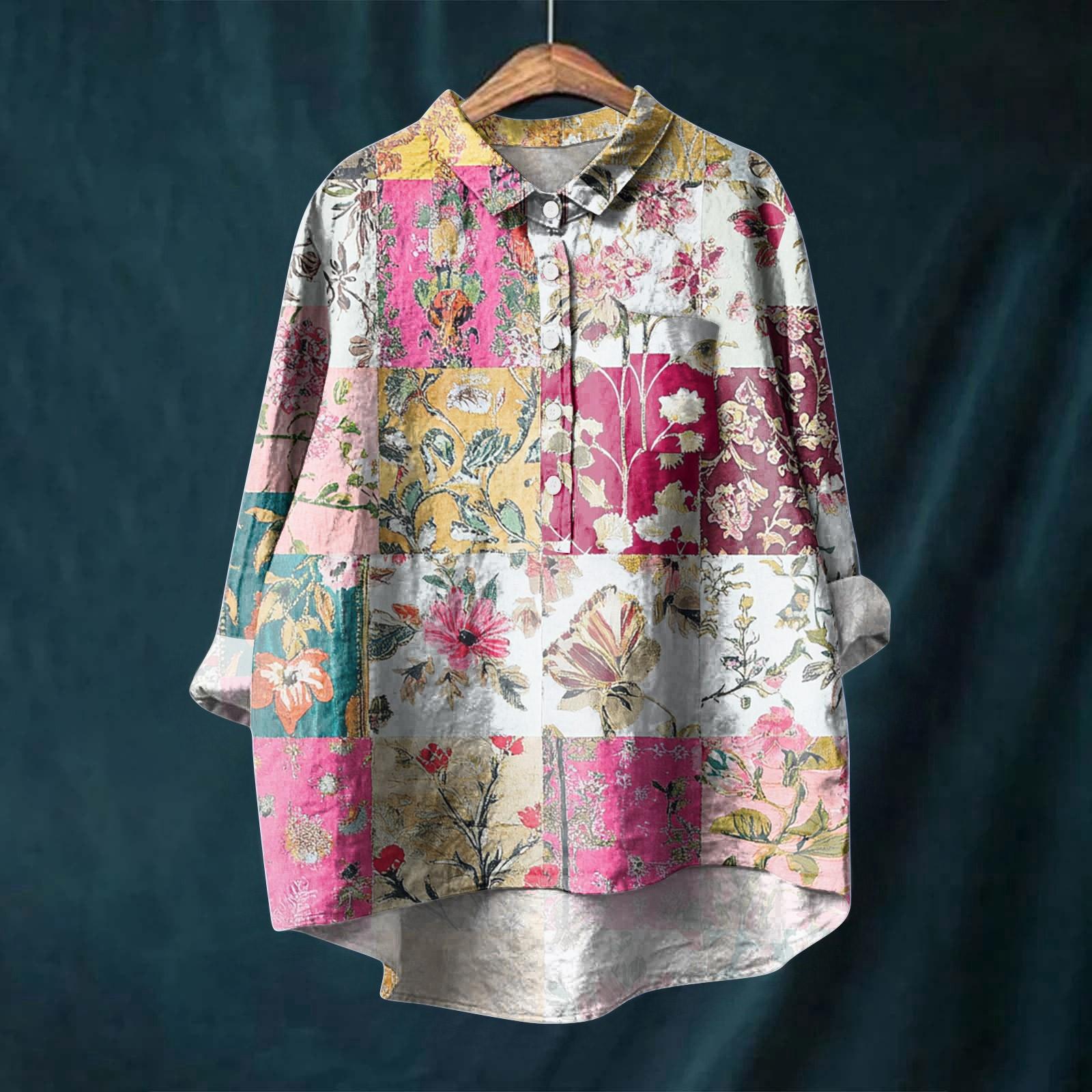 

Женская рубашка с длинным рукавом, на пуговицах, винтажный цветочный принт, повседневный подол, неровный, рубашечный воротник, топ S киноварь