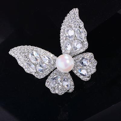 Butterfly Insect Pearl Copper Brooch Slightly Inlaid With Bright Zircon High-End Women'S Suit Pin Pearl Corsage