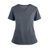 Women's Fashionable Solid Color V-neck Double Pocket Short Sleeved Shirt With Slit Hem Uniform And Worker Top