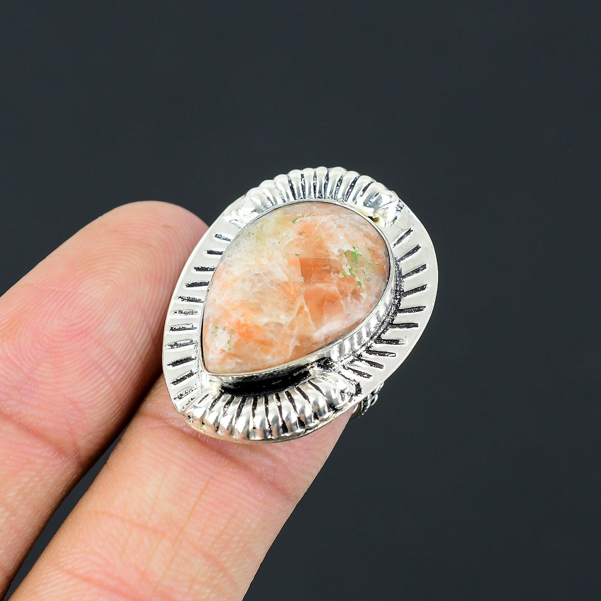 925 Sterling Silver Pear Sunstone Gemstone Solitaire Statement Ring Jewelry US 7 7