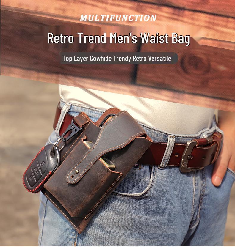 Męska saszetka biodrowa na telefon komórkowy z prawdziwej skóry - Taktyczna saszetka na pasek Crazy Horse na plac budowy i do sportu.