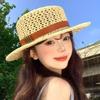 Lightweight Breathable Straw Boater Hat Hollow Out Leather Trim UV Protection Cap for Beach Travel Summer Outdoor Use
