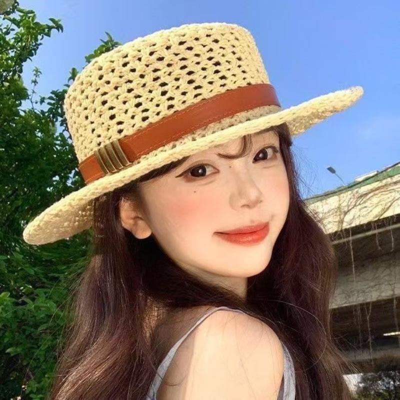 Lightweight Breathable Straw Boater Hat Hollow Out Leather Trim UV Protection Cap for Beach Travel Summer Outdoor Use
