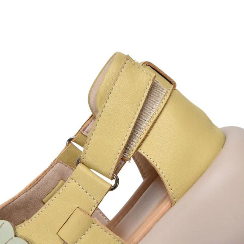 Johnature Retro Genuine Leather Flower Flat Platform Sandals Versatile Soft Soled Women's Shoes