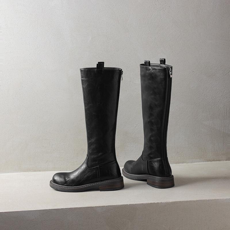 Herbst- und Winter Damenstiefel mit hohem Schaft, dicksohlige, rutschfeste Damenstiefel in großen Größen, neue Lederstiefel mit niedrigem Absatz, neue Reiterstiefel mit Blockabsatz