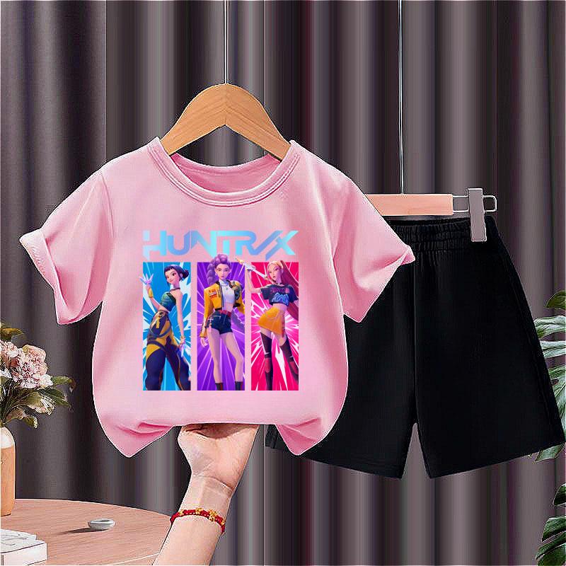 Summer Children Casual T Shirt Sets K POP Cartoon Printed Girls Short Sleeve Top and Shorts Two Piece Suit Kids Fashion Outfits