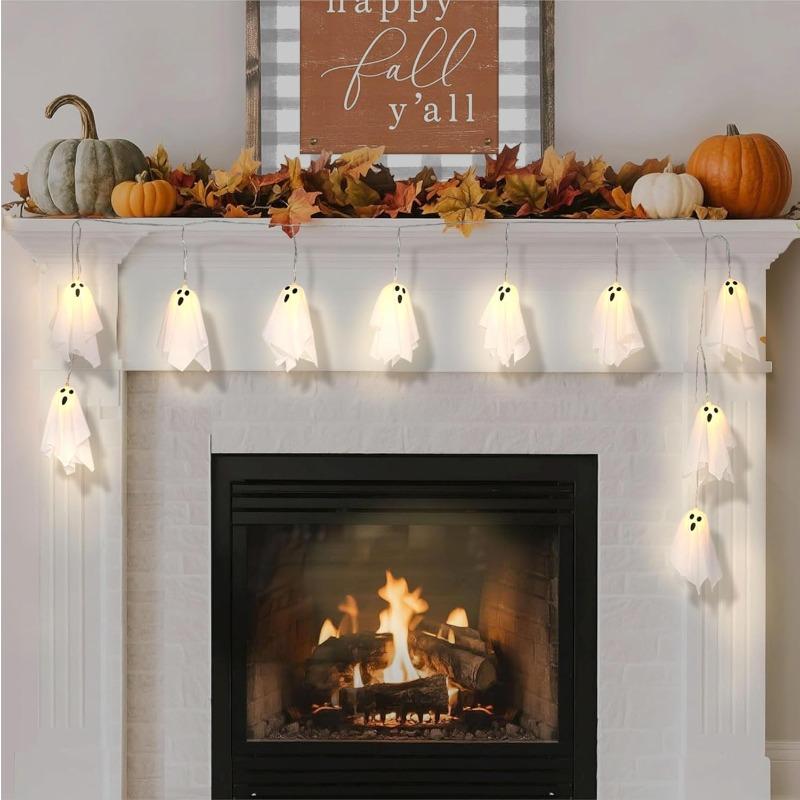 Haunted House Decor Halloween White Hanging Ghost Lights Horror Flying Ghost Props Glowing Spooky Ornaments for Halloween Party Outdoor Yard Decor