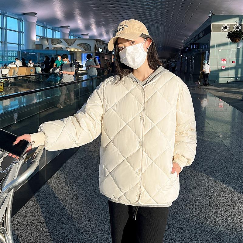 Autumn and winter new cotton clothes women's fashion round neck short rhombus grid versatile cotton-padded clothes loose coat