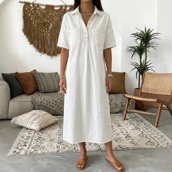 Robe chemise en jean pour femme Décontractée Manches courtes Boutonnée Jean Midi Robe Longue A-line Vintage avec Poches
