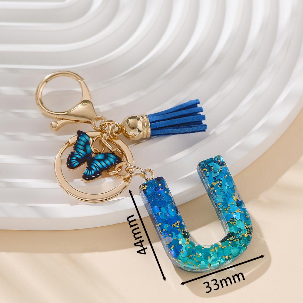 1pc Alloy Alphabet Initial Keychain Royal Blue Butterfly & Tassel Letter Keychain for Backpack Charm Accessory Key Ring Findings