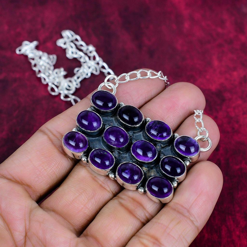 Amethyst Handmade Gemstone Necklace, 925 Solid Sterling Silver Necklace Antique Jewelry, For Engagement Gift