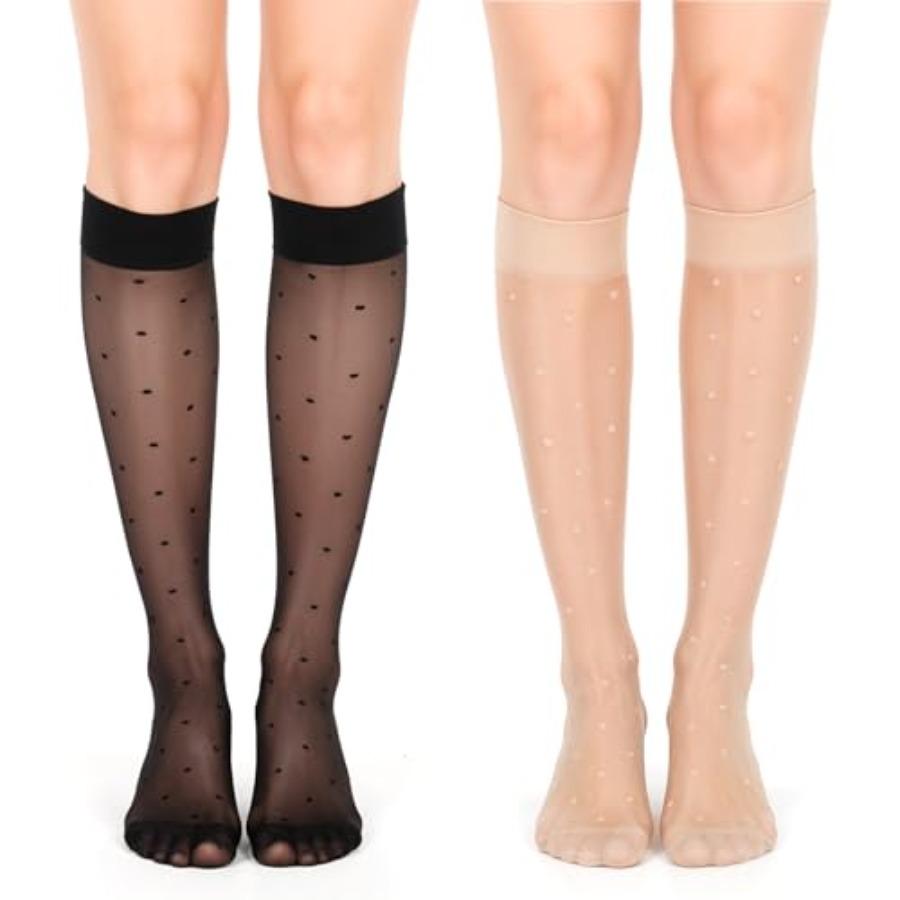 4 Paar gemusterte kniehohe Strümpfe für Damen, gepunktete dünne Netzsocken, elegantes Design und dehnbare atmungsaktive Kniestrümpfe für beige