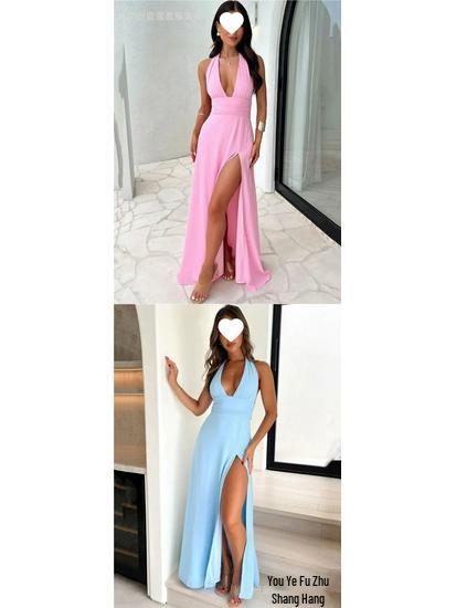 Jarní příchod: Elegantní evropské a americké dámské maxi šaty s halter výstřihem do V a rozparkem